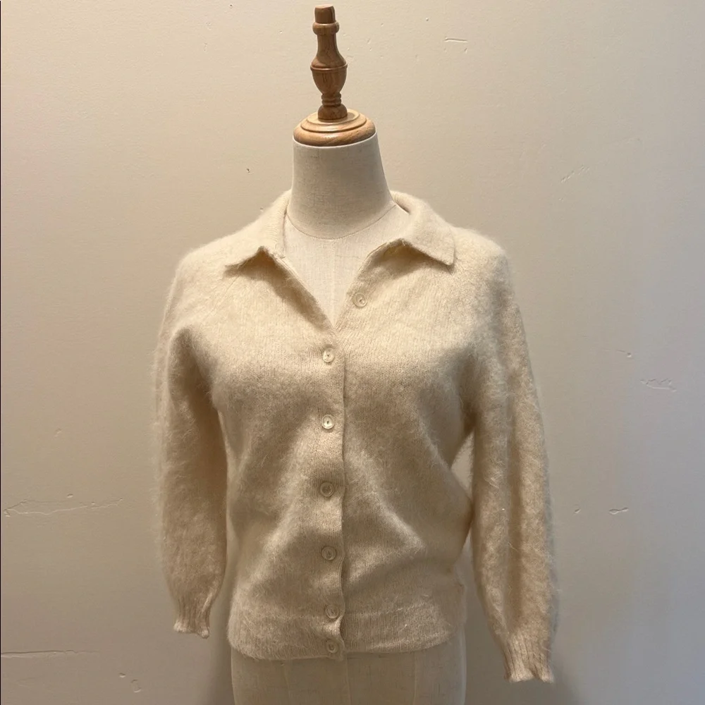 Vintage ivory French angora and lambswool button collared cardigan sweater - Picture 1 of 7
